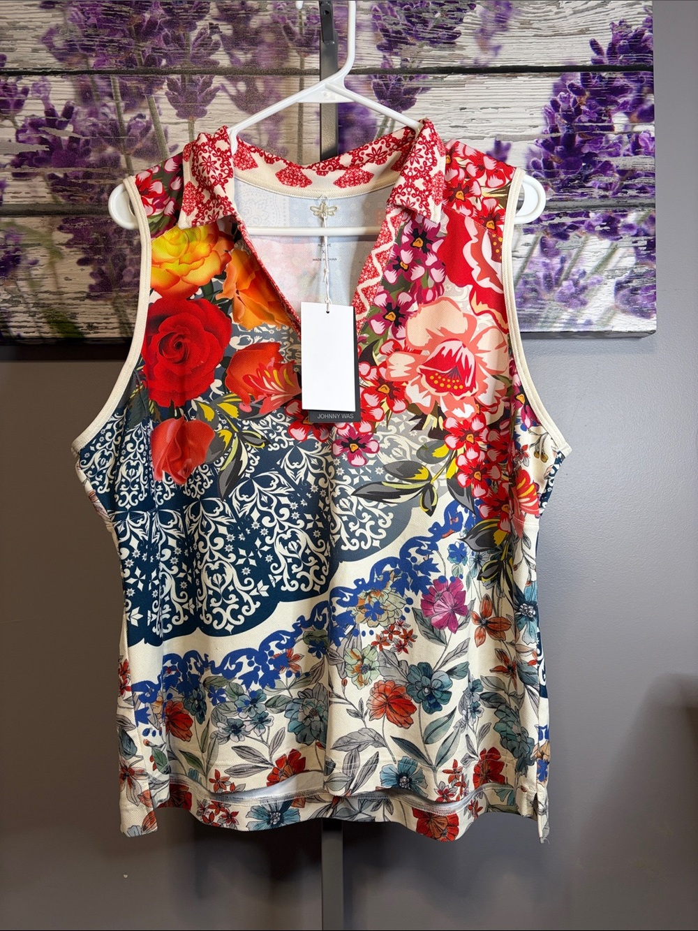 Johnny Was Active USA Multicolor Tango Floral Patchwork Sleeveless Polo Tank NWT